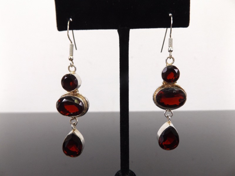 lot 87 image: .925 Sterling Silver Garnet Crystal Ballroom Dangle Earrings