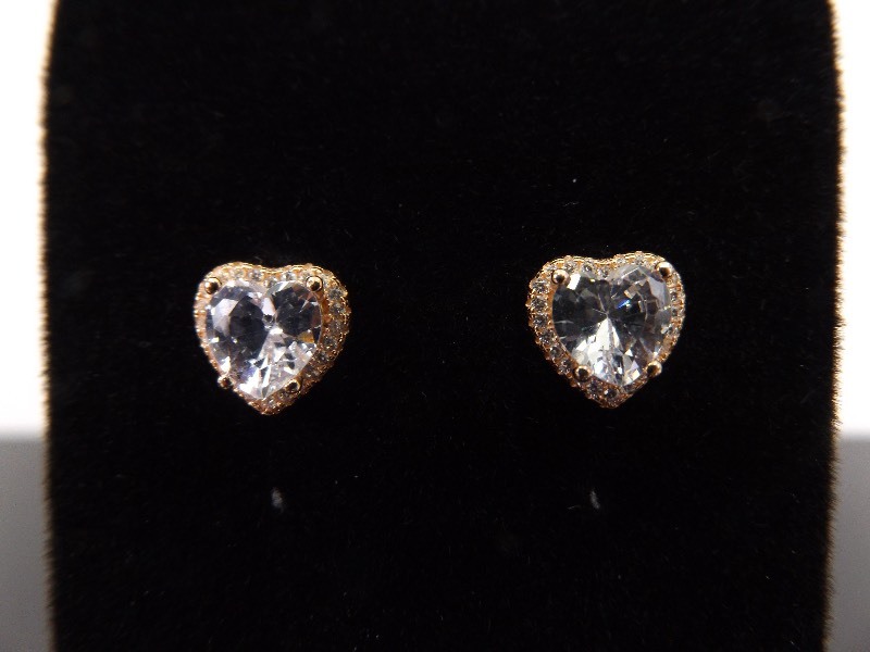 lot 92 image: .925 Sterling Silver Crystal Heart Rose Gold Vermeil Earrings