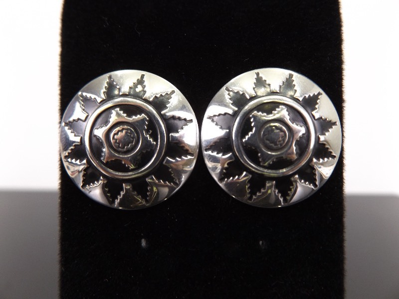 lot 99 image: .925 Sterling Silver Aztec Sun Earrings