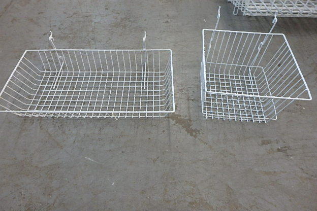 lot 135 image: Lot of White Wire Slatwall Baskets