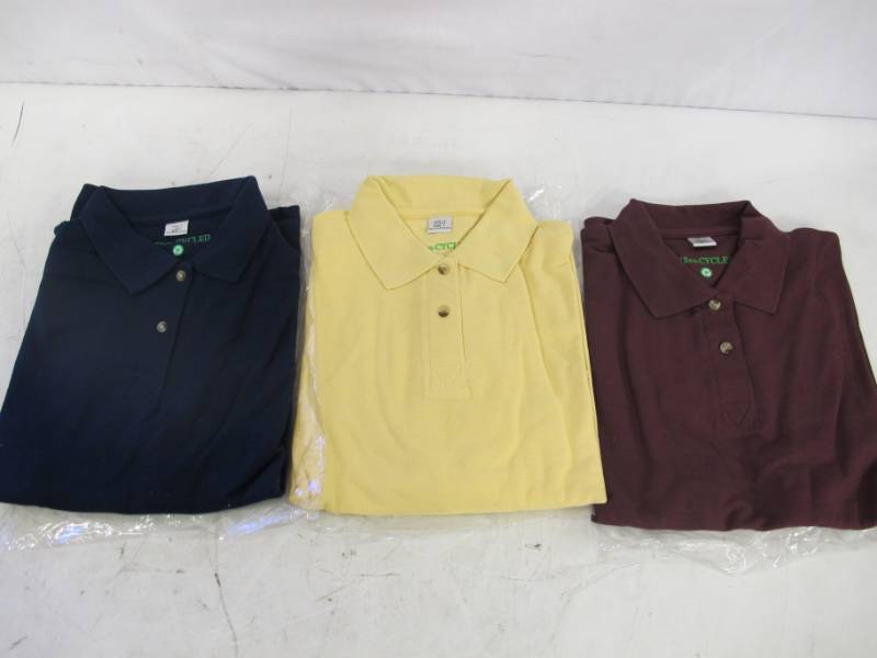 lot 110 image: 3 Pack of NEW REen-CYCLED Eco Friendly Ladies Polo Shirts - LARGE - YellowBurgundyNavy Blue