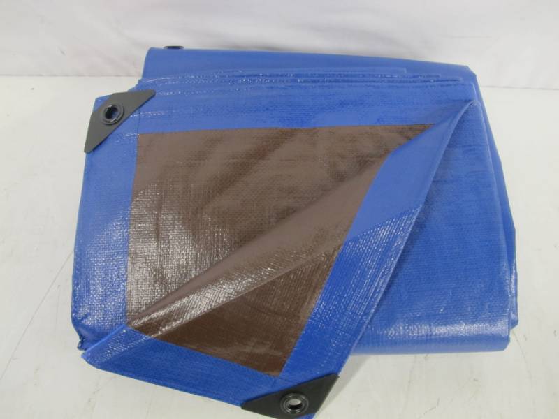 lot 113 image: Heavy Duty Reversible Tarp, 12L x 16W, Blue and Brown with Built-in Grommets - NEW  No Box