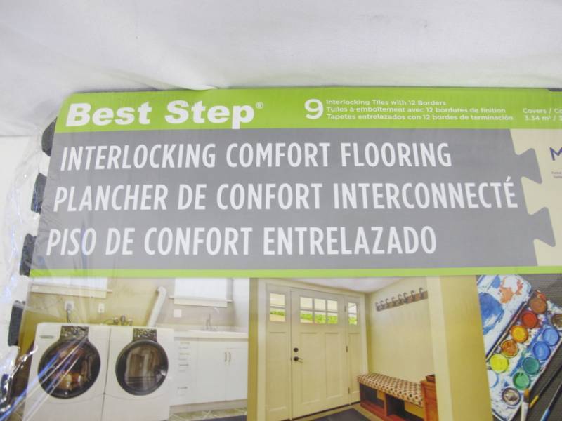 lot 216 image: Best Step Interlocking Comfort Flooring. 9 Pack plus Borders (2 x 2 x 38) (one Pack of 9 Tiles  36 sq. ft.) Anti-Fatigue, Microban Protected, Charcoal Gray Foam Flooring