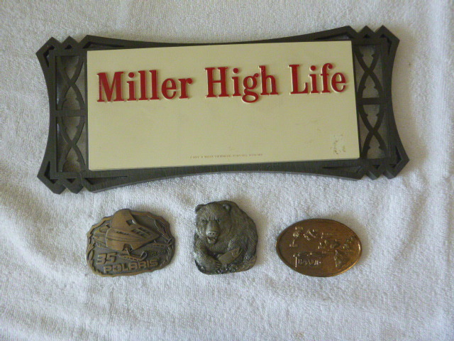 lot 24 image: Miller High Life Sign and 3 Belt Buckles