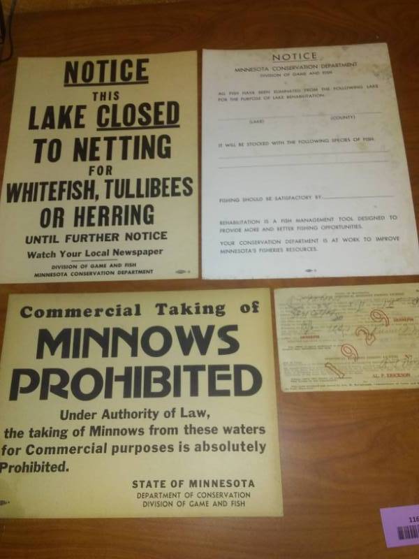 lot 116 image: Three posters Minnesota conservation department. Plus 1929 fishing license.