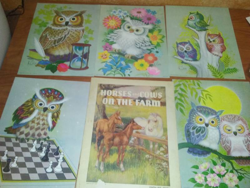 lot 132 image: Owls, horses and cow prints. Owls by K. Chin - 1973,