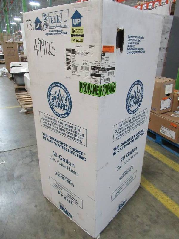 lot 10 image: American Water Heaters 40 Gallon 40000 BTU Flame Guard Standard Short Propane Water Heater, BFG61-40S40-3PHV - New in Box