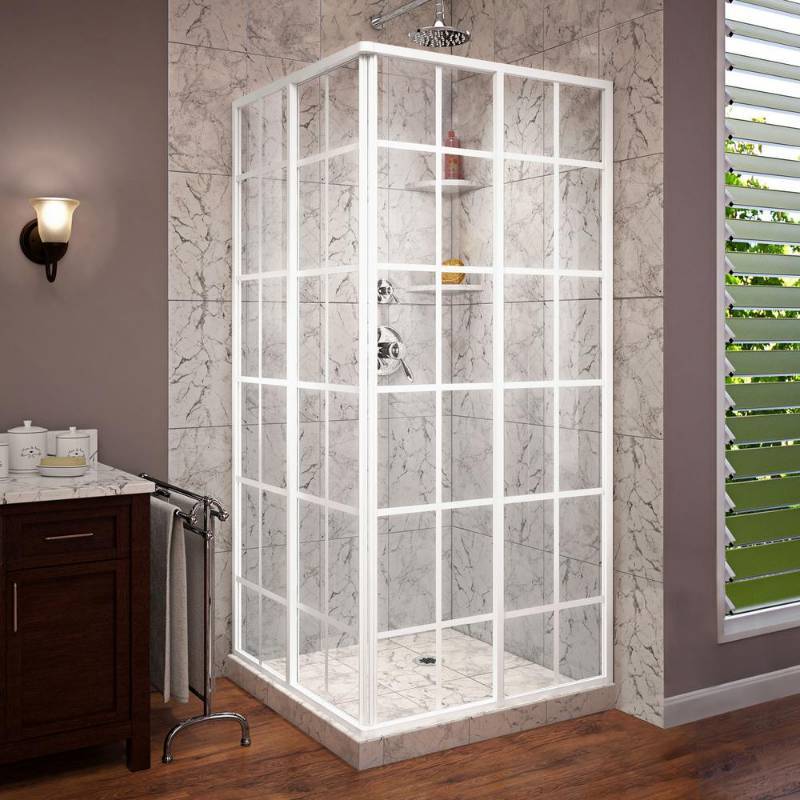 lot 82 image: Dreamline French Corner 34-12 in. D x 34-12 in. W x 72 in. H Framed Sliding Shower Enclosure in White. Missing Box - Only two Panel Doors