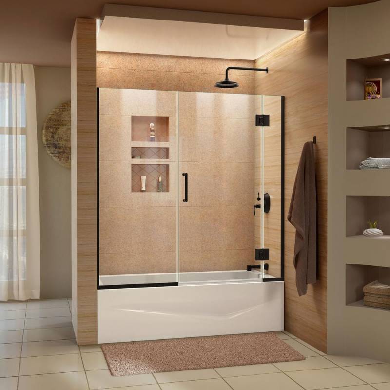 lot 84 image: Dreamline Unidoor-X 58-58.5 in. x 58 in. Frameless Hinged Tub Door in Satin Black, D58580-09