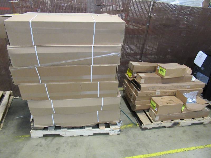 lot 141 image: Huge Metal Retail Shelving and Hook Display Walls - 3 Pallets in Gray.