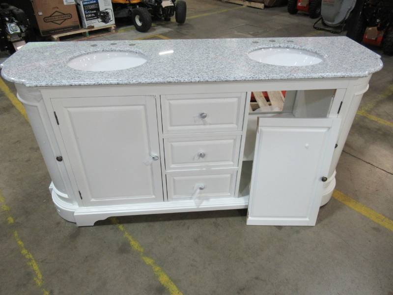 lot 161 image: Large Double Sink Vanity in White.  73 14 (widest part of Base) X 22 X 35 Tall. - Broken Door