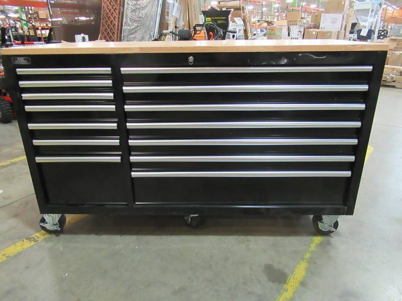 lot 162 image: Husky 62 in. 14-Drawer Mobile Workbench with Solid Wood Top, Black, HOTC6214B11MYS - Front Scratches