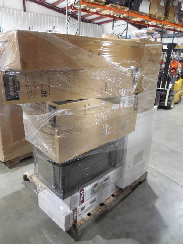 PALLET LOT OF GENERAL MERCHANDISE ,MICROWAVE, RANGE HOODS , FREEZER , MINI FRIDGE