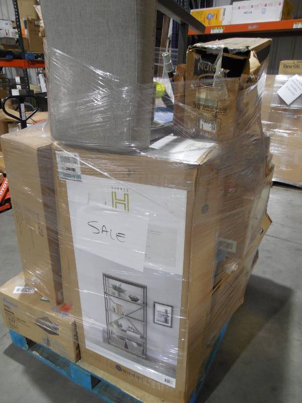 PALLET LOT OF GENERAL MERCHANDISE , FURNITURE, RANGE HOODS, TOOLS