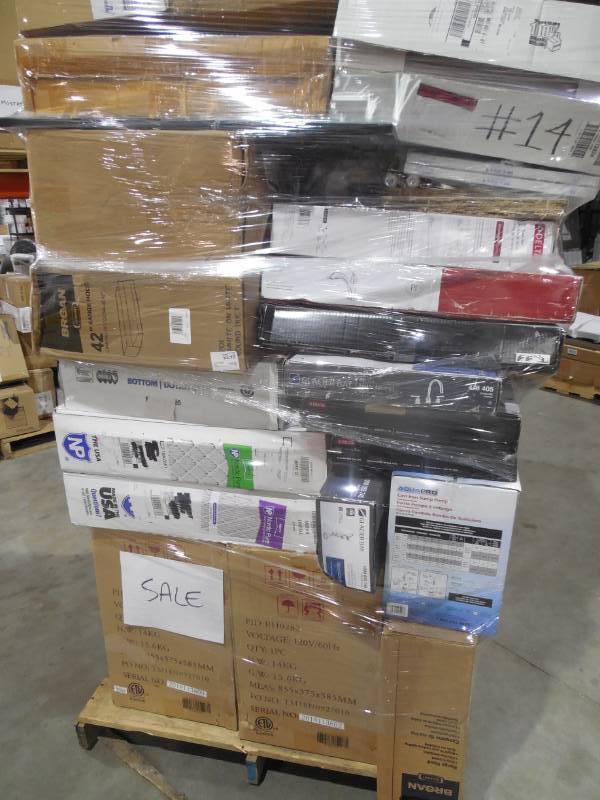 PALLET LOT OF GENERAL MERCHANDISE , RANGE HOODS, SINK, AIR FILTERS, PUMPS
