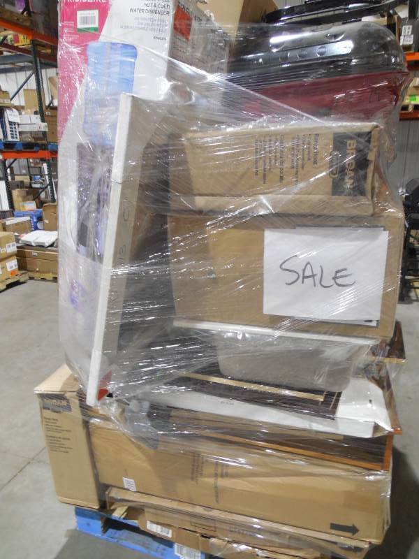 PALLET LOT OF GENERAL MERCHANDISE ,WATER COOLER, SINK, RANGE HOOD, GRILL