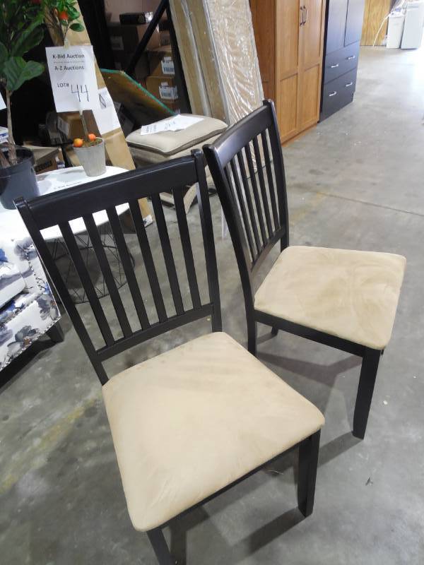 lot 48 image: Atwood Cappuccino Stained Wood Dining Chairs with Microfiber Seat (Set of 2)