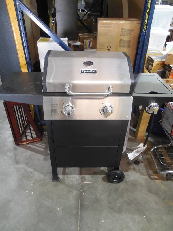 lot 91 image: Dyna-Glo 2-Burner Open Cart Propane Gas Grill in Stainless Steel and Black with Side Burner