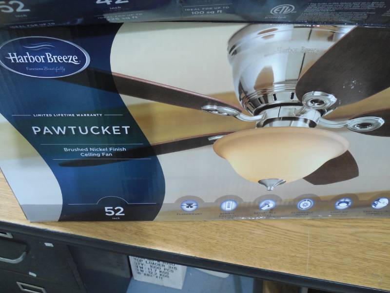 lot 34 image: Harbor Breeze Pawtucket 52-in Brushed Nickel LED Indoor Flush Mount Ceiling Fan with Light Kit and Remote (5-Blade)