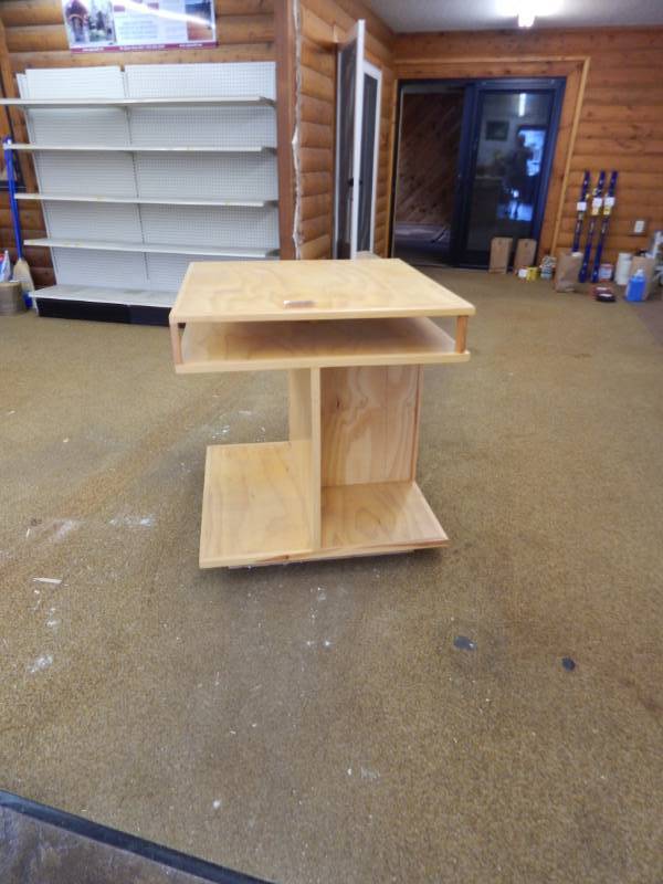 lot 102 image: Multi-functional custom wood tablestand. BRING HELP TO LOAD