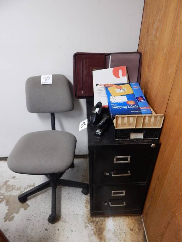 lot 85 image: 2 Drawer File Cabinet, desk chair, and office supplies Lot