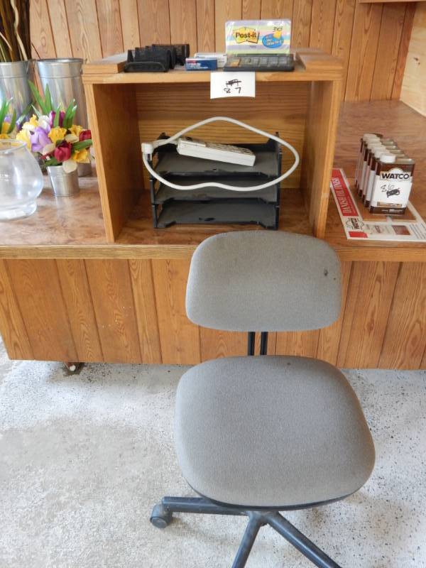 lot 87 image: Wooden Stand, Desk Chair and office supplies lot