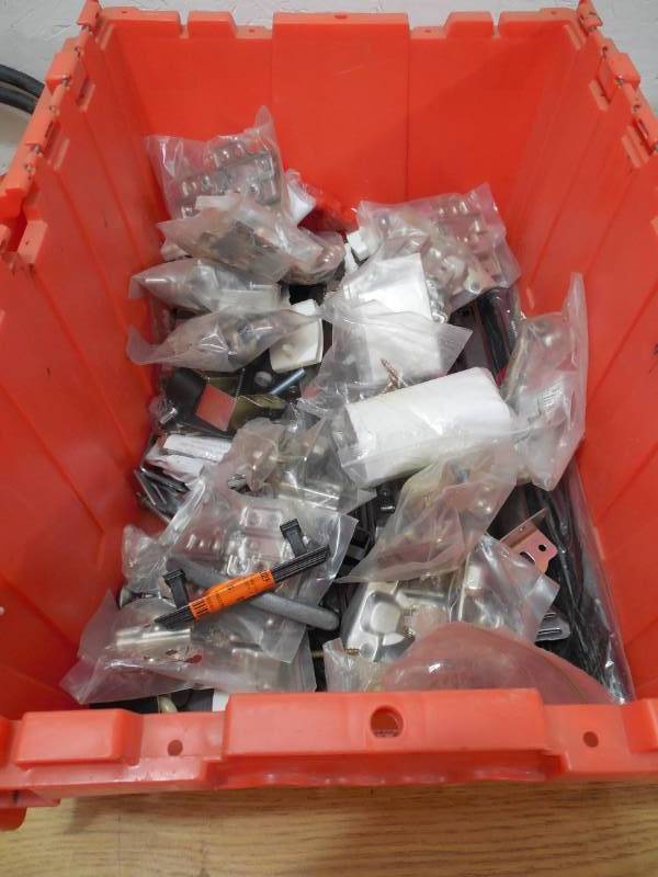 Huge Assorted Lot of Furniture Hardware -with tote- Hinges, screws, drawer slides & More