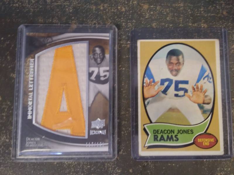 lot 12 image: Vintage Deacon Jones Football Card & Upper Deck Immortal Letterman Jersey Patch Card