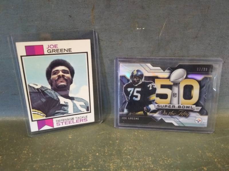lot 15 image: Vintage Mean Joe Green Topps Football Card & 2015 Topps Superbowl Card