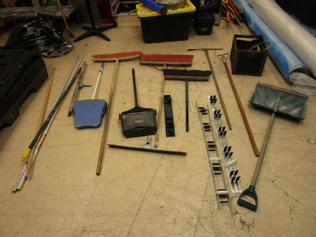 lot 741 image: ASSORTED BROOMS, DUST PANS, FLOOR SQUEEGEES AND MORE