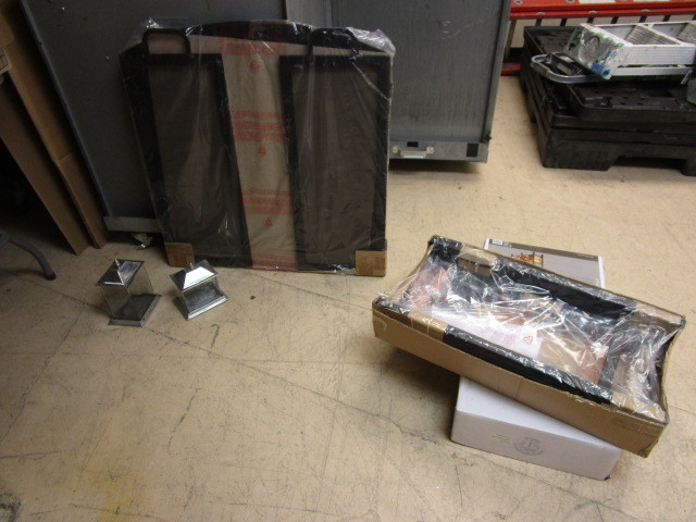 lot 744 image: FIREPLACE SCREEN, LOG RACKS AND DECORATIVE GLASS AND METAL CONTAINERS