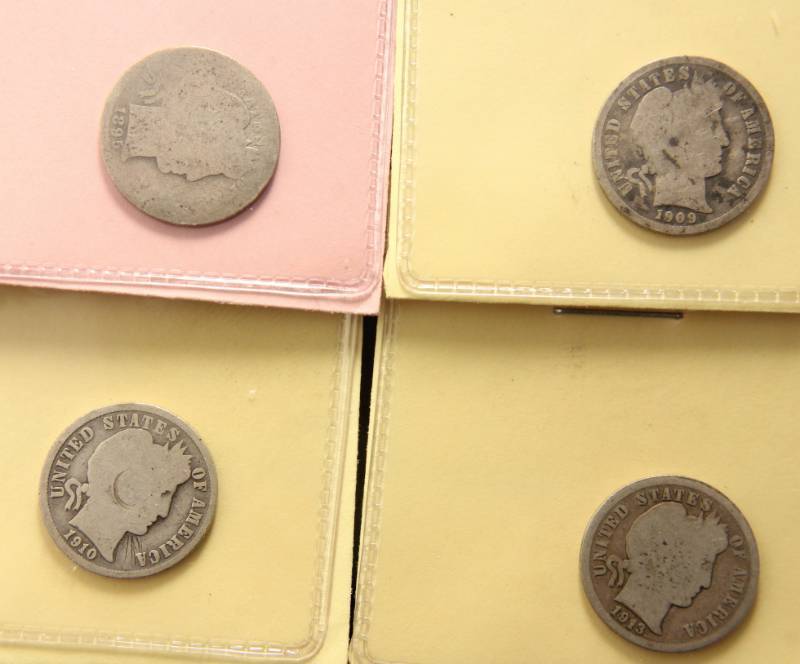 lot 11 image: 4 BARBER DIMES 1895 1909 1910-D 1913