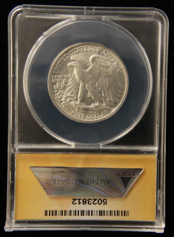 lot 12 image: 1943 WALKING LIBERTY SILVER HALF DOLLAR MS64 ANACS