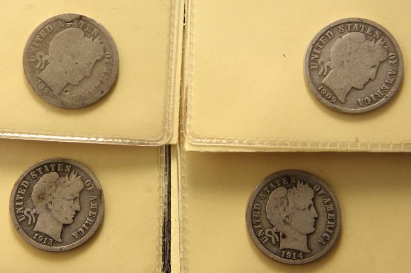 lot 27 image: GROUP OF 4 BARBER DIMES 1898 1909-S 1913 1914