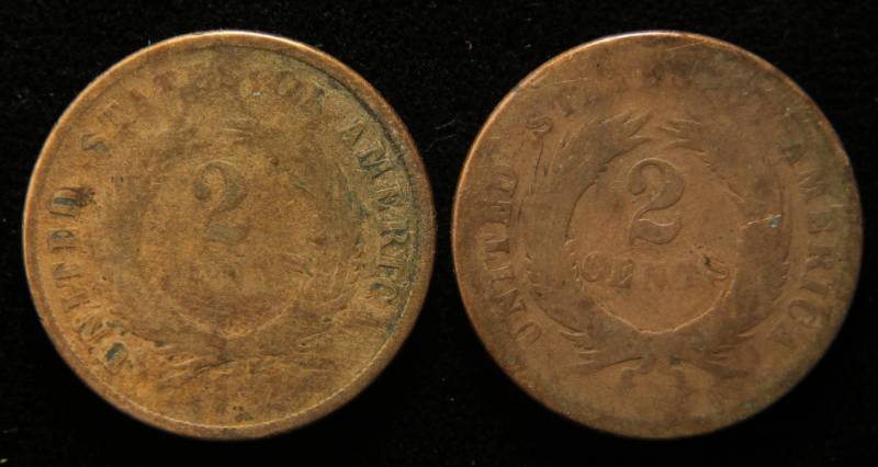 lot 41 image: GROUP OF 2 US TWO CENT PIECES 1864 1867