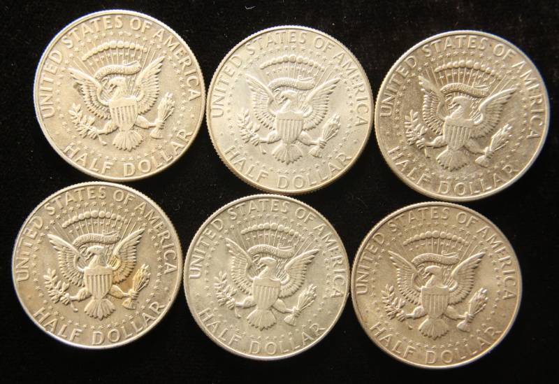 lot 44 image: GROUP OF 6 KENNEDY 40% SILVER HALF DOLLARS