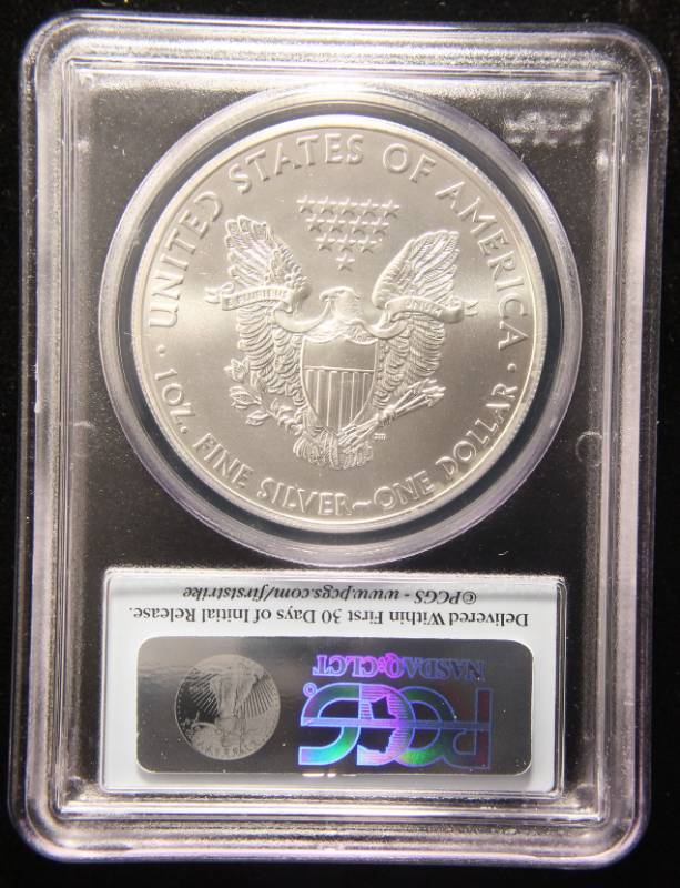 lot 55 image: 2012(W) AMERICAN SILVER EAGLE 1 TROY OZ. .999 FINE SILVER MS70 PCGS FIRSTSTRIKE