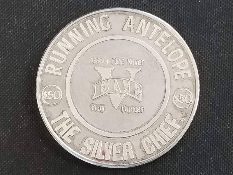 lot 06-B image: 5 TROY OZ. .999 FINE SILVER RUNNING ANTELOPE SILVER CHIEF ROUND