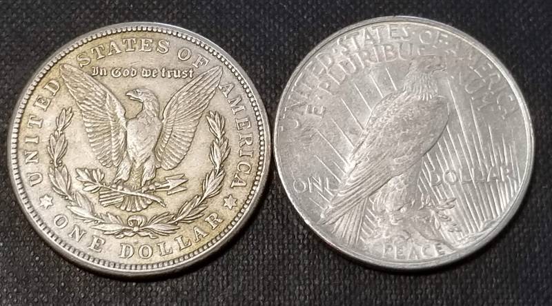 lot 14-A image: 2 SILVER DOLLARS 1921-S MORGAN 1922 PEACE