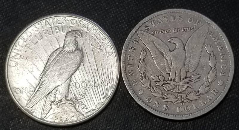lot 21-A image: 2 SILVER DOLLARS 1896-O MORGAN  1926-S PEACE