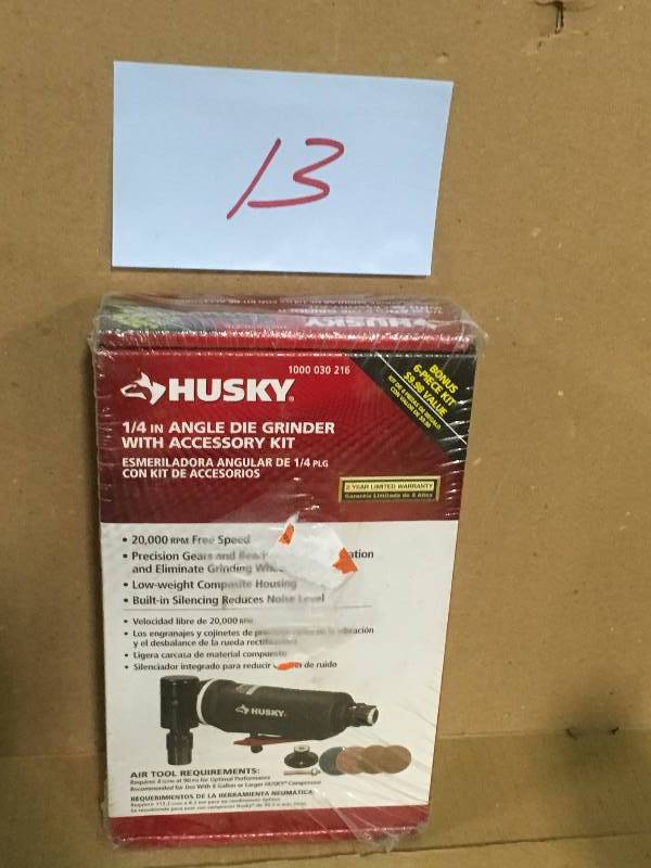 lot 13 image: Husky 14 Angle Die Grinder W Accessory Kit 1000 030 216 not used