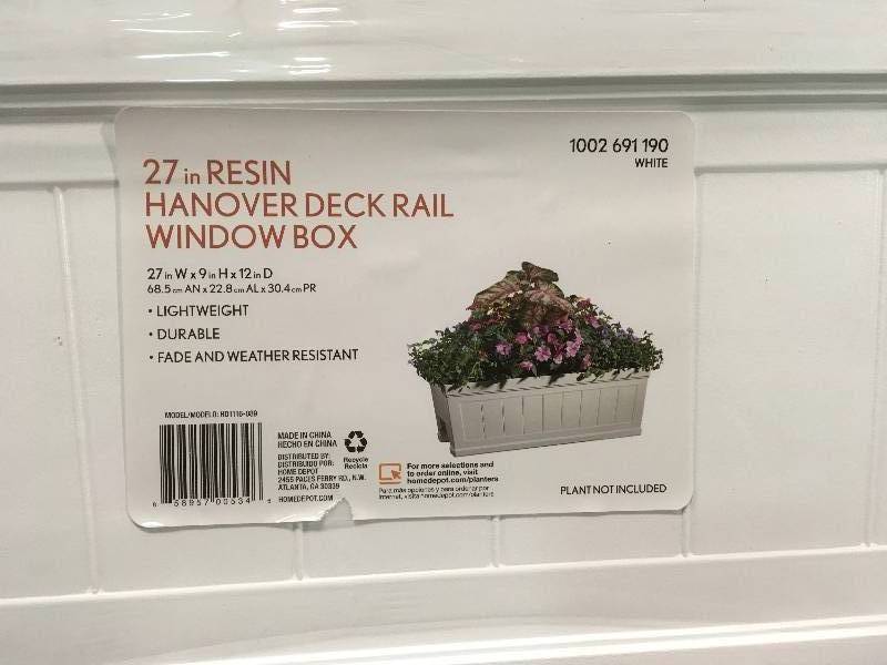 White Resin Beadboard Deck Rail Planter Hanover 27" Indoor Outdoor Flowering Bin 