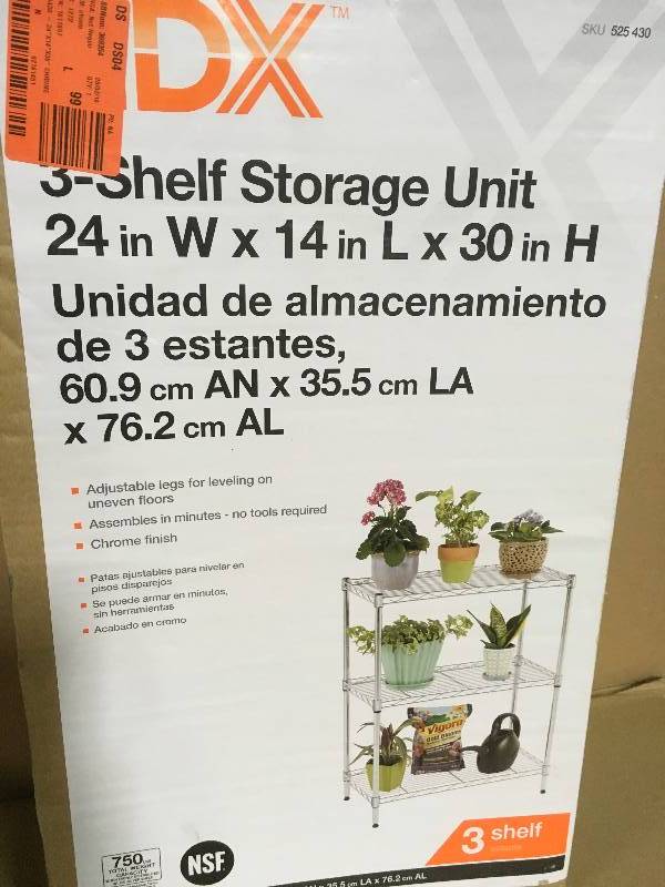 lot 74 image: HDX 23.3 in. W x 30.3 in H x 13.3 in D Chrome 3 Tier Shelving Unit. in good condition