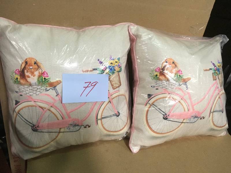 lot 79 image: Home Accents Holiday 18 in. Easter Bunny Bycicle Reversible Pillow in good condition
