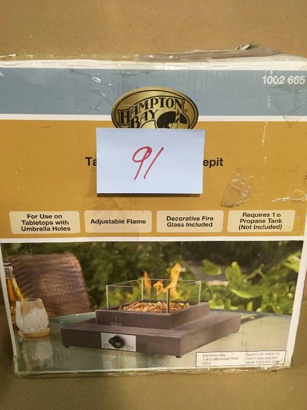 lot 91 image: Hampton Bay 8,000BTU Antique Bronze Portable Table Top Gas Fire Pit in good condition