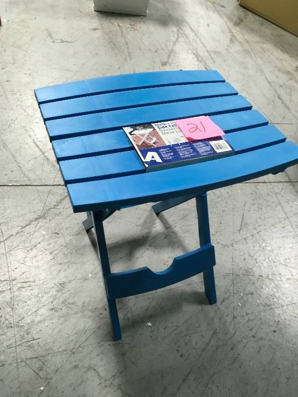 lot 21 image: Adams Manufacturing Quik-Fold Pool Blue Resin Plastic Outdoor Side Table not used