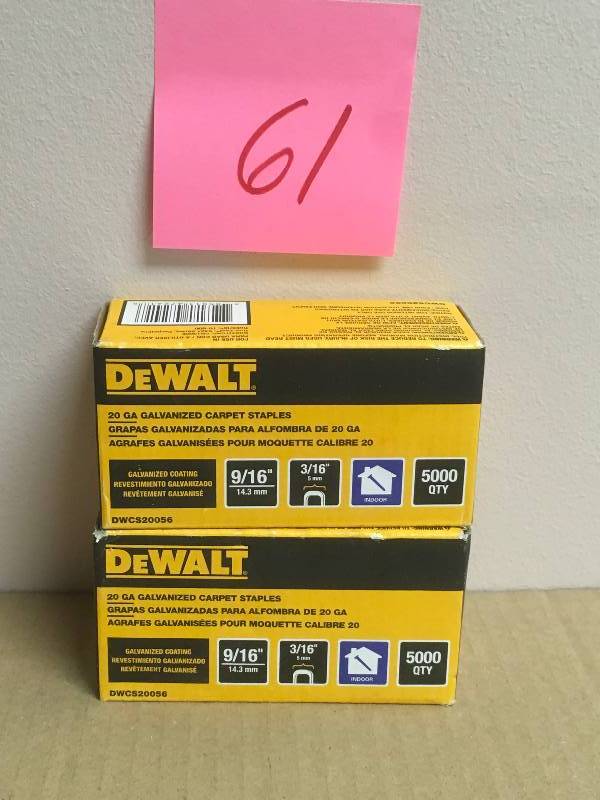 lot 61 image: DEWALT 20-Gauge 916 in. L Galvanized Carpet Staples (5,000-Box)  in good condition