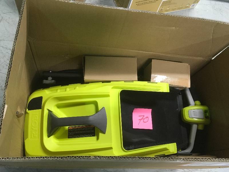 lot 70 image: RYOBI 13 in. ONE 18-Volt Lithium-Ion Cordless Battery Walk Behind Push Lawn Mower with 4.0 Ah BatteryCharger Included  in good condition