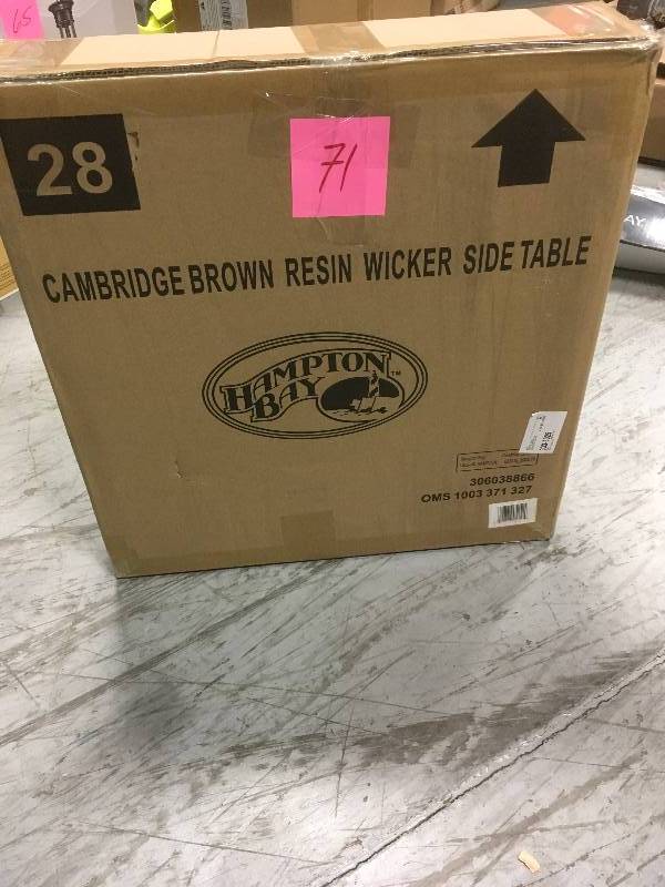 lot 71 image: Hampton Bay Cambridge Brown Wicker Square Outdoor Side Table not used