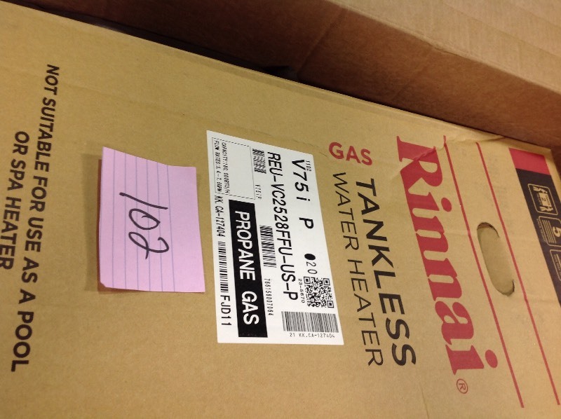 lot 102 image: Rinnai High Efficiency 7.5 GPM Residential 180,000 BTUh Propane Interior Tankless Water Heater not used
